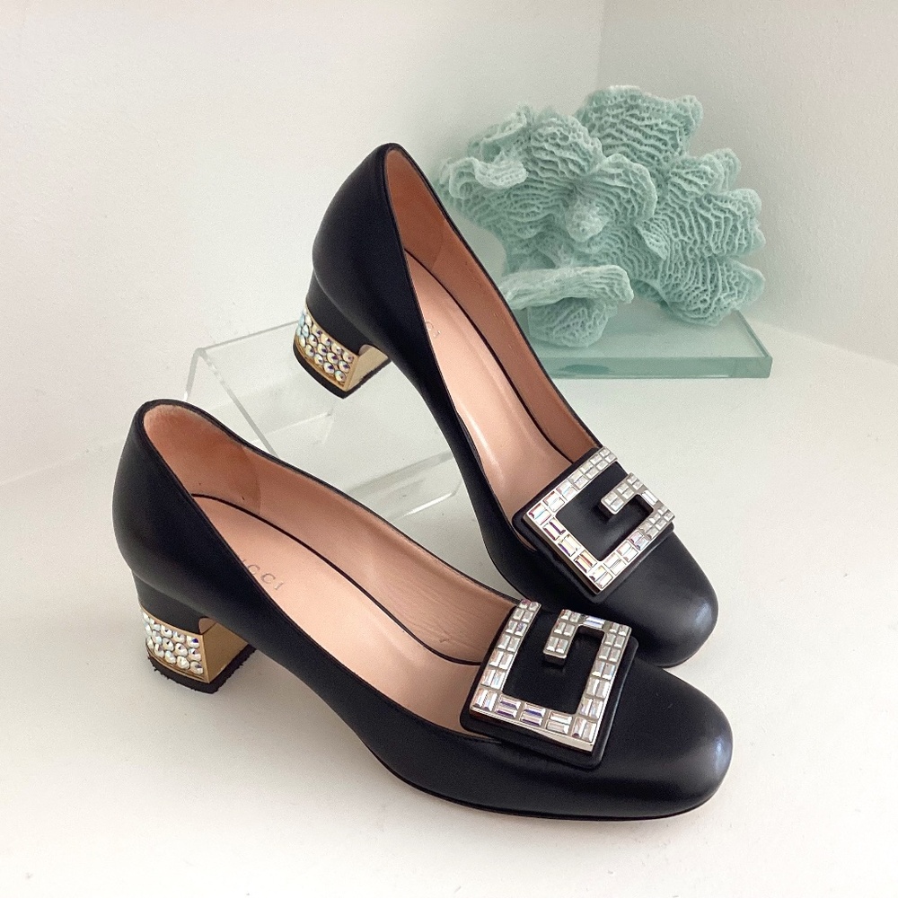 Gucci Crystal G Black Leather Crystal Embellishments Pumps 37/ 7